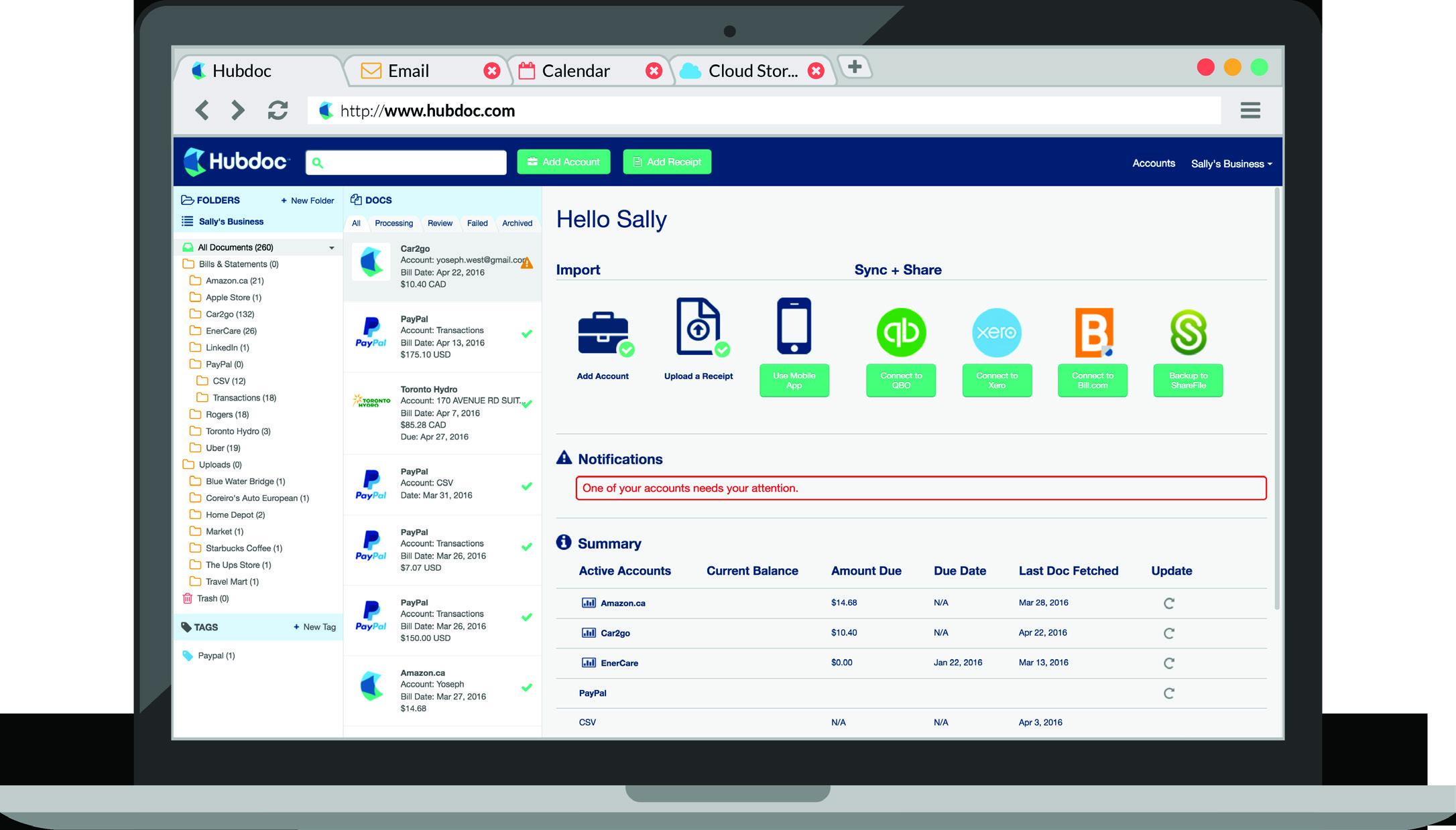 Hubdoc document dashboard with receipt folders and publishing connections