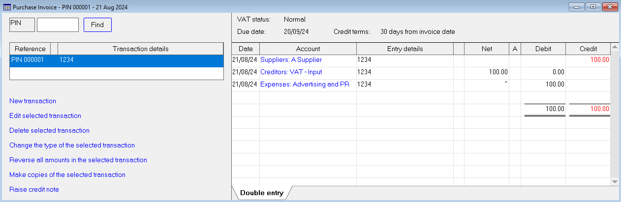 VT Transaction+ purchase invoice and double-entry ledger
